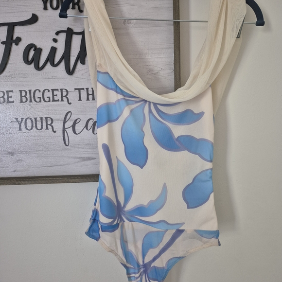 Fashion Nova Tops - Elegant Blue and Cream Floral Bodysuit